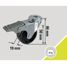 Roue de meuble avec frein, dimensions 66 x 19 millimètres, charge maximale 35 kilogrammes