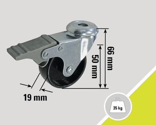 Roue de meuble avec frein, dimensions 66 x 19 millimètres, charge maximale 35 kilogrammes