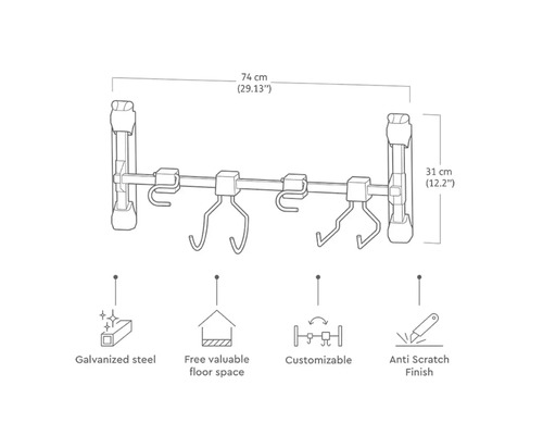 Garde-robe murale en acier galvanisé, 74 x 31 cm, avec protection anti-rayures et crochets variables pour utiliser l'espace au sol