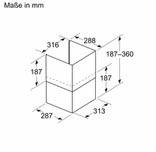 Masszeichnung eines Dunstabzugshauben-Schachts mit Massangaben in Millimetern