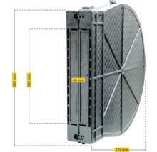 Dimensions d'un système de filtre : 245 mm de hauteur, 185 mm de longueur et 235 mm de largeur.