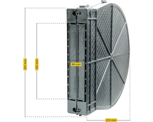 Dimensions d'un système de filtre : 245 mm de hauteur, 185 mm de longueur et 235 mm de largeur.