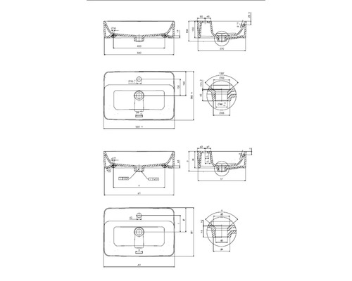 Schéma technique d'un lavabo avec dimensions