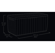 Abbildung einer Gartenbox mit den Maßen 57 cm Höhe, 53,5 cm Tiefe und 123 cm Breite.