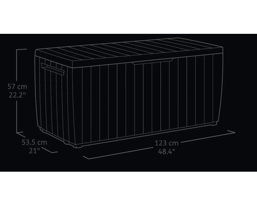 Abbildung einer Gartenbox mit den Maßen 57 cm Höhe, 53,5 cm Tiefe und 123 cm Breite.