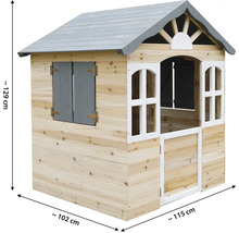 Holzspielhaus mit Fensterläden und den Maßen Höhe circa 129 cm, Breite circa 102 cm und Länge circa 115 cm.