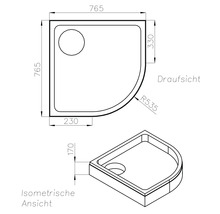 Technische Zeichnung einer Duschwanne mit Abmessungen