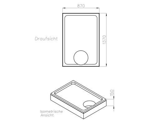 Technische Zeichnung einer Duschwanne mit Maßen 870 x 1370 x 150 Millimeter