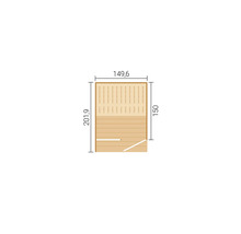 Grundriss einer Sauna mit Maßen: Breite 149,6 Zentimeter, Tiefe 201,9 Zentimeter und Innentiefe 150 Zentimeter.