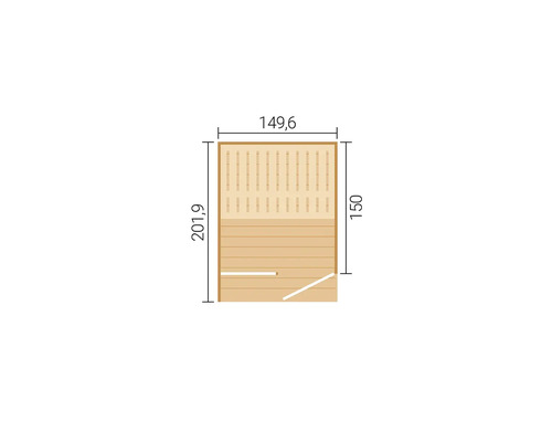 Grundriss einer Sauna mit Maßen: Breite 149,6 Zentimeter, Tiefe 201,9 Zentimeter und Innentiefe 150 Zentimeter.