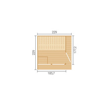 Grundriss vun enger Sauna mat Moossen 229 mol 229 Zentimeter.