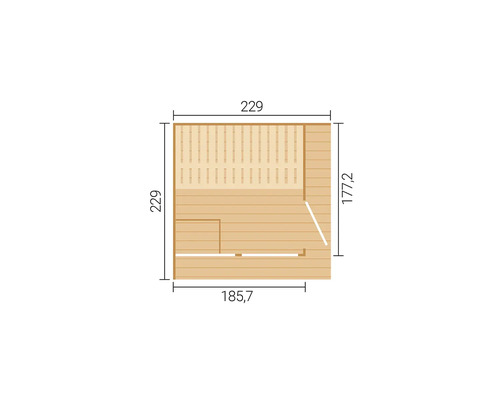 Grundriss vun enger Sauna mat Moossen 229 mol 229 Zentimeter.