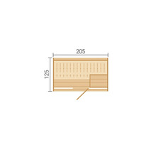 Grundriss einer Sauna mit den Maßen 205 mal 125 Zentimeter. Draufsicht auf Bänke und Türöffnung.