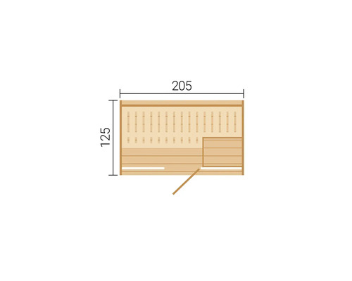 Grundriss einer Sauna mit den Maßen 205 mal 125 Zentimeter. Draufsicht auf Bänke und Türöffnung.
