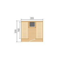 Technische Zeichnung vom Grundriss einer Holzsauna, Maße 205 mal 200 Zentimeter, Innenaufteilung mit Bänken und Fenster.