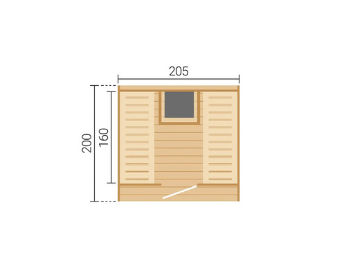 Technische Zeichnung vom Grundriss einer Holzsauna, Maße 205 mal 200 Zentimeter, Innenaufteilung mit Bänken und Fenster.