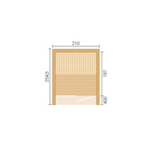 Dessin technique d'un élément en bois avec les dimensions 210, 254,5, 197 et 400.
