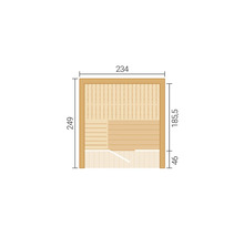 Plan au sol d une sauna avec des dimensions extérieures de 234 par 249. La vue intérieure montre la disposition des bancs et l ouverture de la porte.