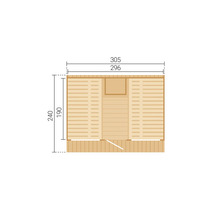 Grondriss vun enger Holzsauna mat Maßangaben. Breet 305 an 296 Zentimeter, Déift 240 an 190 Zentimeter. Mat zwou Bänken an Agank.