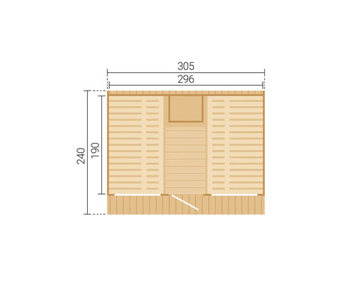 Grondriss vun enger Holzsauna mat Maßangaben. Breet 305 an 296 Zentimeter, Déift 240 an 190 Zentimeter. Mat zwou Bänken an Agank.