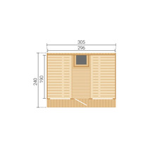 Grundrisszeichnung eines Gartenhauses mit Maßangaben in Zentimeter: Breite 305 und 296, Tiefe 240 und 190.