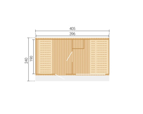 Grundriss eines Gartenhauses aus Holz mit den Maßen 405 mal 240 Zentimeter und Innenmaßen von 396 mal 190 Zentimeter.