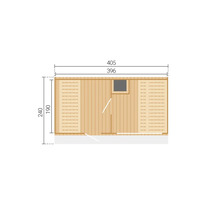 Maßzeichnung eines Gartenhauses aus Holz mit den Außenmaßen 405 mal 240 Zentimeter.