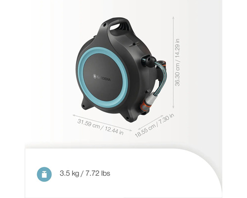 Dévidoir mural Gardena avec tuyau et dimensions