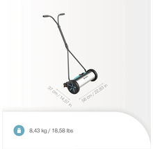 Tondeuse à gazon manuelle Gardena avec des dimensions de 37 x 58 cm et un poids de 8,43 kg