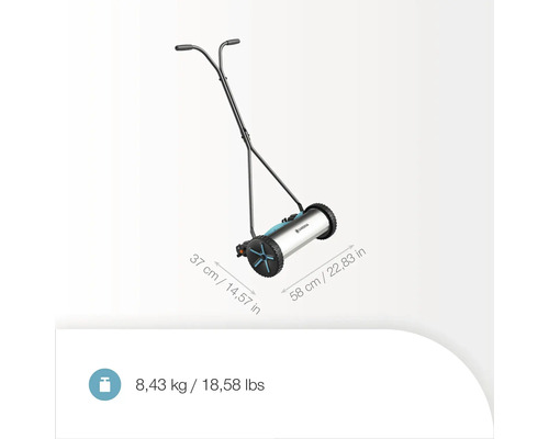 Tondeuse à gazon manuelle Gardena avec des dimensions de 37 x 58 cm et un poids de 8,43 kg
