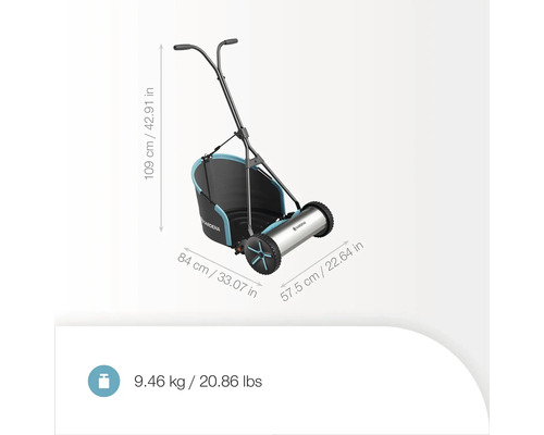 Tondeuse à gazon manuelle mesurant 109 cm de haut, 84 cm de large et 57,5 cm de profondeur, et pesant 9,46 kg.