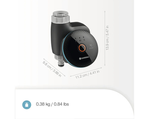 Gardena Smart Bewässerungssteuerung mit Abmessungen und Gewicht.