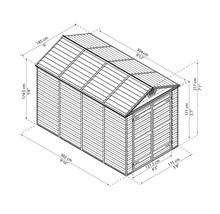 Technische Zeichnung eines Gerätehauses mit Maßangaben.