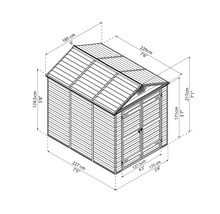 Abmessungen eines Gartenhauses: 227 cm breit, 174,5 cm hoch, 185 cm tief, Türhöhe 171 cm, Gesamthöhe 217 cm