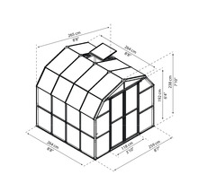 Technische Zeichnung eines Gewächshauses mit Maßangaben