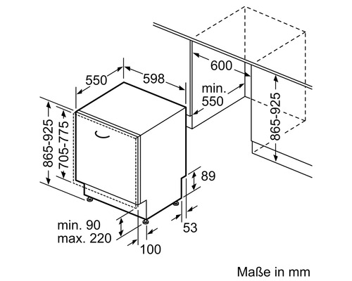 Schéma technique d'un lave-vaisselle avec indications de dimensions en millimètres