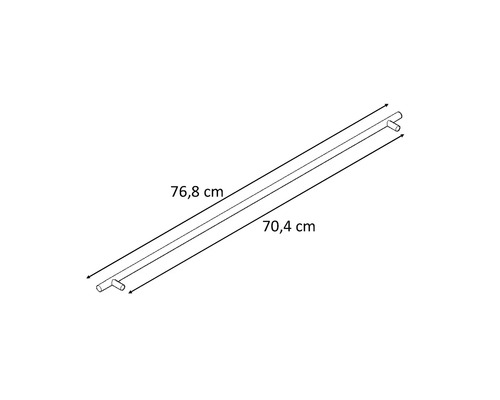 Schéma d'une barre de douche avec des dimensions de 76,8 cm et 70,4 cm.