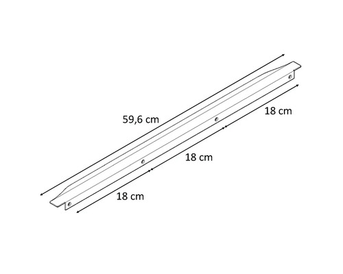 Dessin d'un profilé de 59,6 cm de long avec des trous et une longueur de 18 cm aux deux extrémités.