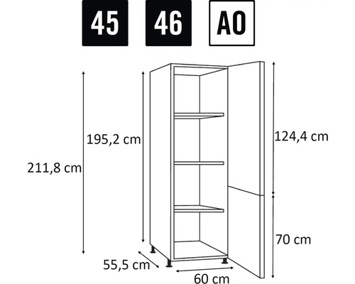 Schéma technique d'un meuble de cuisine avec dimensions