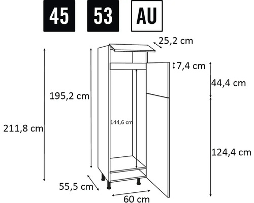 Technische Zeichnung eines Küchenschranks mit Abmessungen