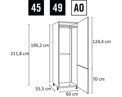 Dimensions d'une armoire sous forme de dessin au trait.