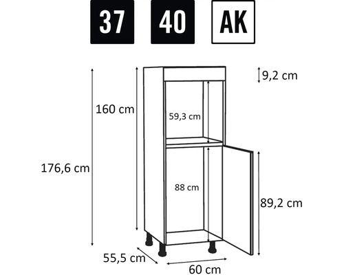 Technische Zeichnung eines Hochschranks mit Maßangaben