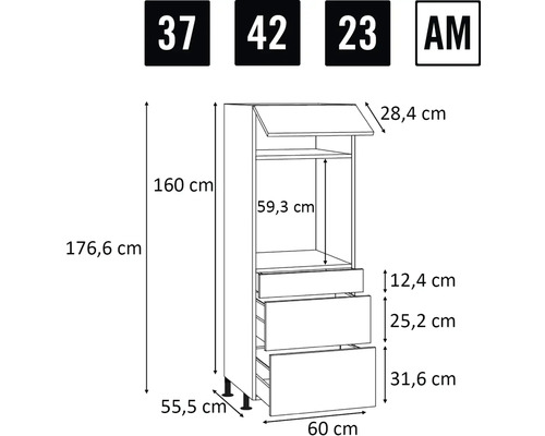 Technische Zeichnung eines Küchenschranks mit Abmessungen
