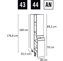 Schéma technique d'un meuble de cuisine avec dimensions