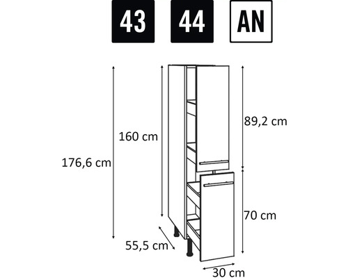 Schéma technique d'un meuble de cuisine avec dimensions