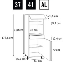 Technische Zeichnung eines Küchenschranks mit Maßangaben