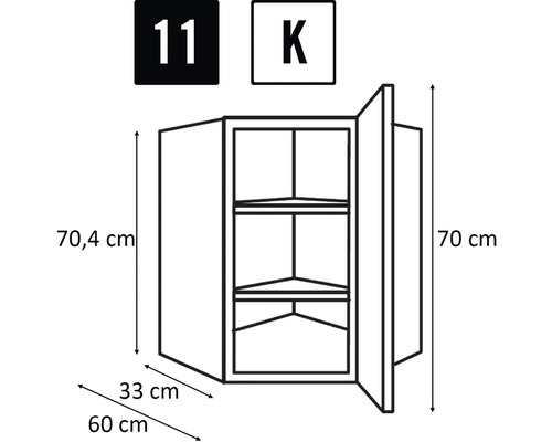 Schéma d'un meuble haut d'angle avec dimensions.