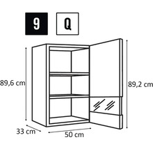Croquis d'une armoire murale avec des dimensions de 89,6 cm de hauteur, 33 cm de profondeur et 50 cm de largeur.