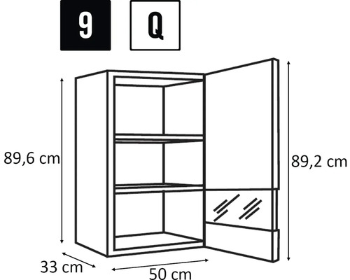 Croquis d'une armoire murale avec des dimensions de 89,6 cm de hauteur, 33 cm de profondeur et 50 cm de largeur.