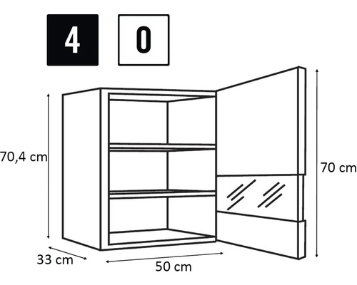 Dessin technique d'un meuble haut avec les dimensions 70,4 cm de hauteur, 33 cm de profondeur et 50 cm de largeur